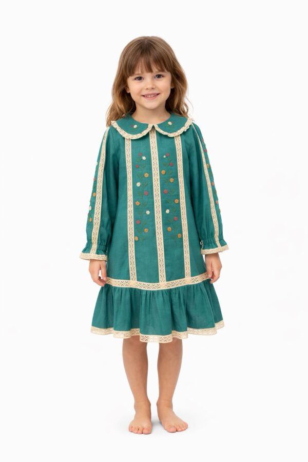 Handmade Embroidered Girls Dress – Vintage Style Linnen  Dress with Floral Details