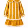 Handmade Linen Girls Dress – Vintage Embroidered Mustard Dress with Lace Details