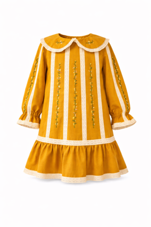 9a38126d-2c7b-4a91-a1b0-45b7a6960cac Handmade Linen Girls Dress – Vintage Embroidered Mustard Dress with Lace Details