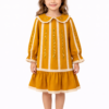 Handmade Linen Girls Dress – Vintage Embroidered Mustard Dress with Lace Details