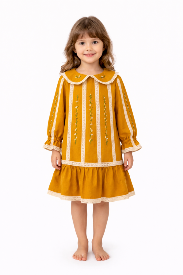 Handmade Linen Girls Dress – Vintage Embroidered Mustard Dress with Lace Details