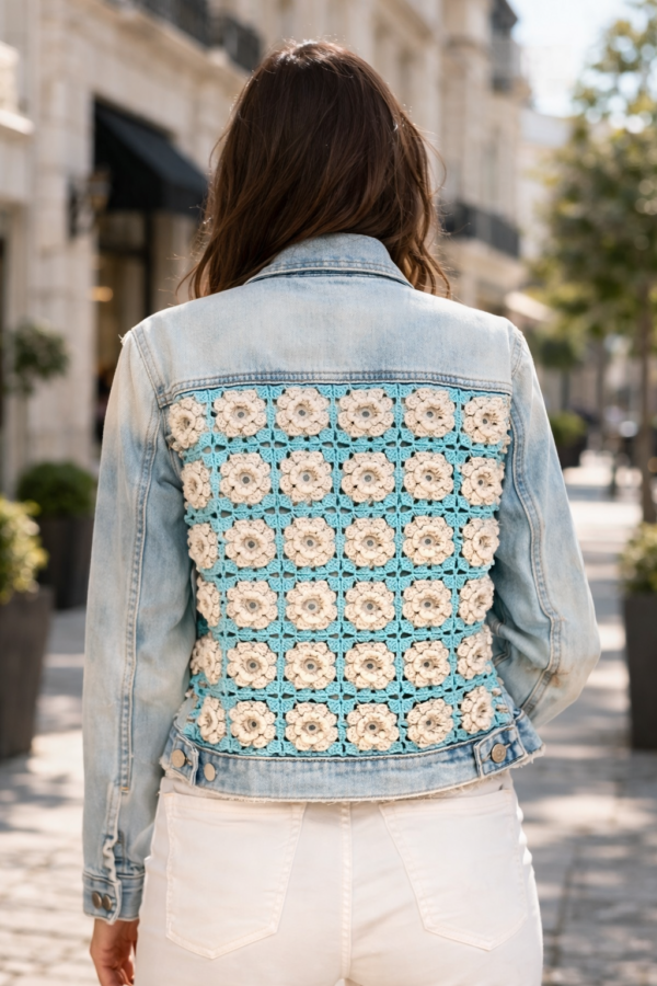 Handmade Denim Jacket with Crochet Back – Unique Upcycled Jacket – One of a Kind Exclusive Piece