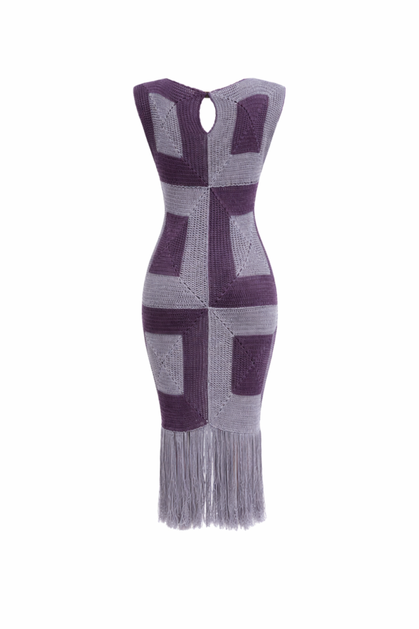 Italian Viscose Crochet Midi Dress in Purple & Grey – Bodycon Fringe Dress