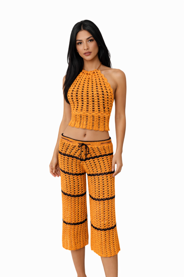 Orange Crochet Co-Ord Set for Women – Halter Top & Wide Leg Pants Summer Outfit