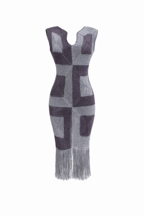 Italian Viscose Crochet Midi Dress in Purple & Grey – Bodycon Fringe Dress