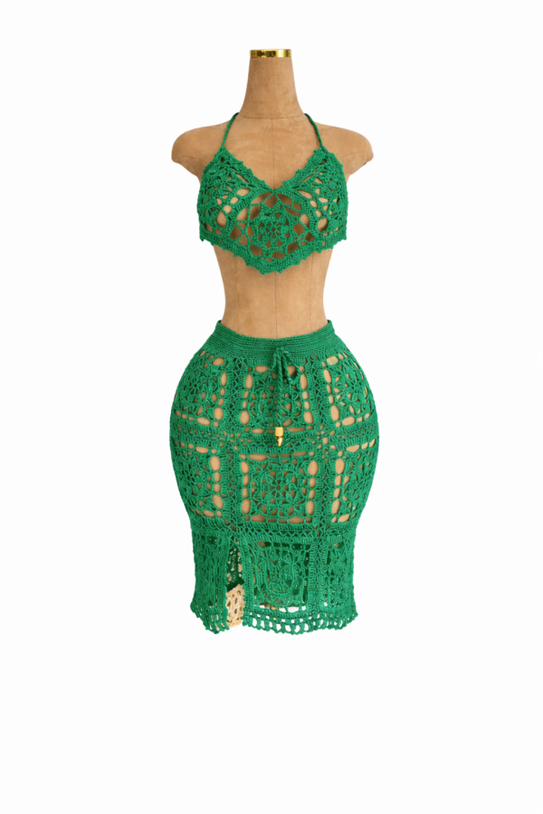 Green Crochet Two Piece Set – Handmade Boho Crop Top & Skirt Co-Ord