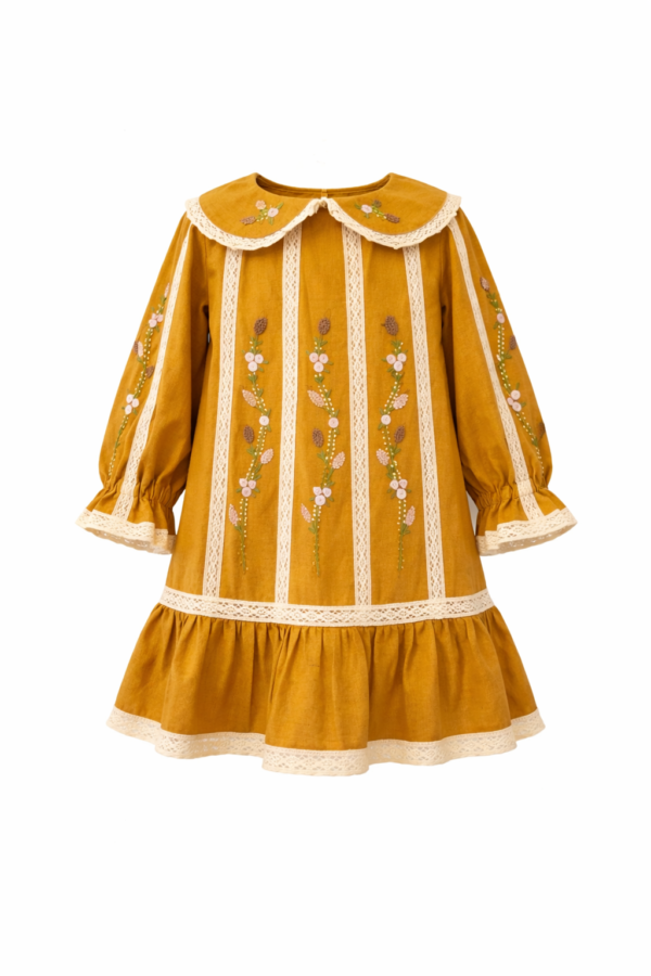 deb9a737-cd7a-4ff3-ab8c-807dc65c0363 Handmade Linen Girls Dress – Mustard Embroidered Vintage Dress with Lace Details