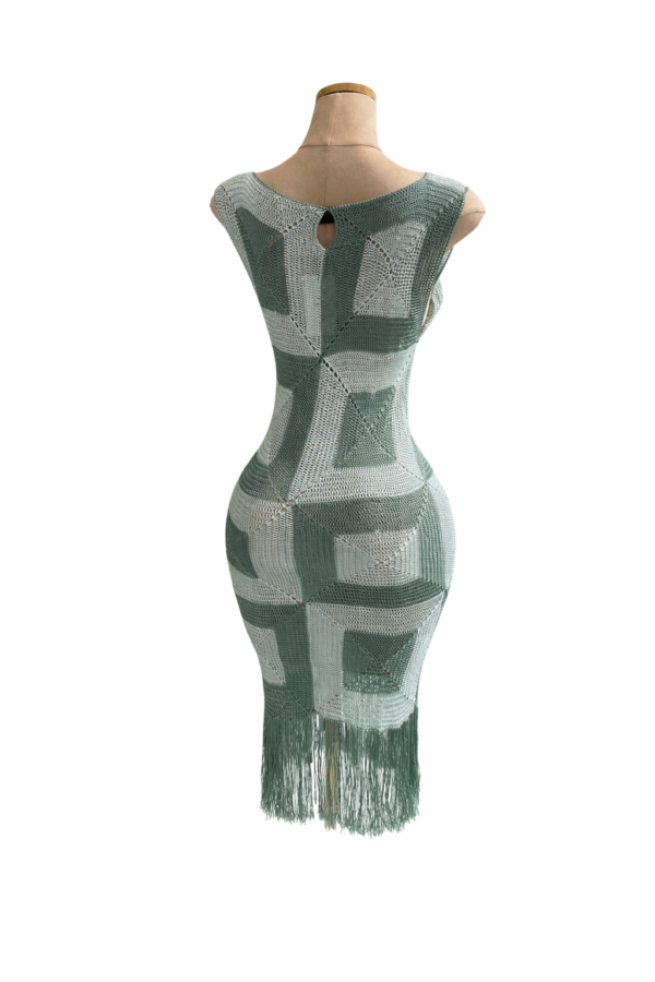 Sage Green Crochet Midi Dress with Fringe – Back Detail
