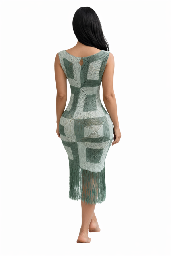 Sage Green Crochet Midi Dress with Fringe – Back Detail