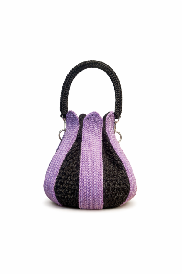 Handmade Crochet Tulip Bag – Lavender & Black Knit Bucket Handbag with Braided Handle Groot