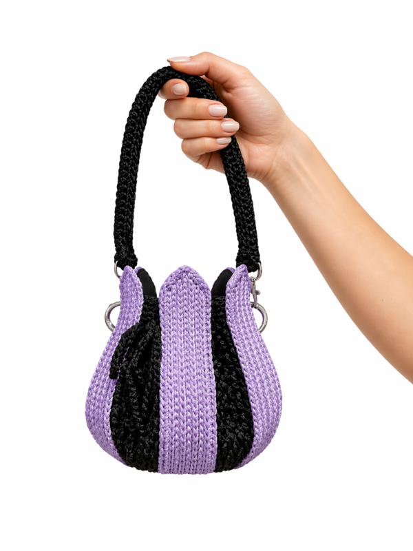 Handmade Crochet Tulip Bag with Strap – Lavender Black Knit Bucket Bag, Unique Boho Handbag Klein