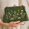 Handmade Unique Embroidered Green Clutch Bag – Vintage Style Floral Handbag with Chain Strap