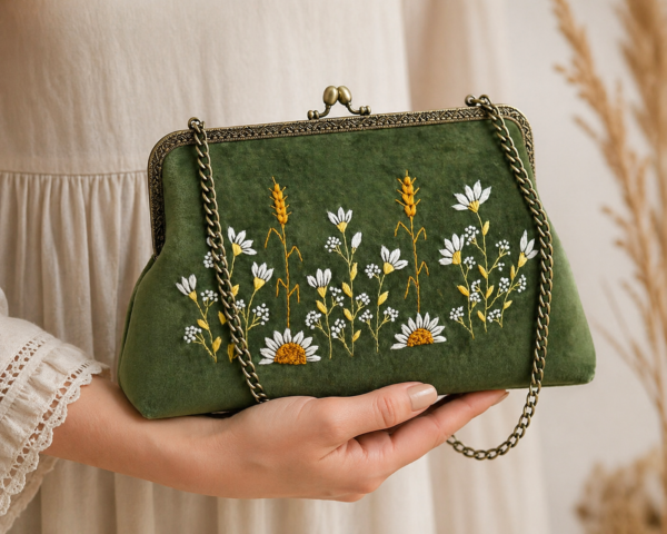 Handmade Unique Embroidered Green Clutch Bag – Vintage Style Floral Handbag with Chain Strap