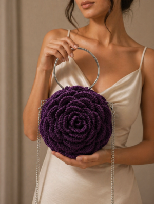 Handmade Crochet Rose Handbag – Elegant Floral Purse with Metal Handle & Chain Strap