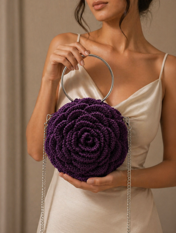 Handmade Crochet Rose Handbag – Elegant Floral Purse with Metal Handle & Chain Strap