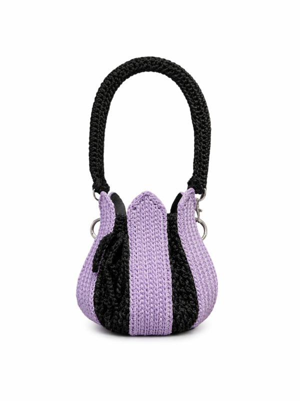 Handmade Crochet Tulip Bag with Strap – Lavender Black Knit Bucket Bag, Unique Boho Handbag Klein