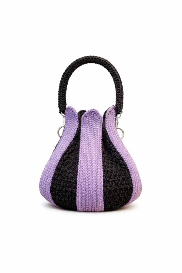 Handmade Crochet Tulip Bag – Lavender & Black Knit Bucket Handbag with Braided Handle Groot