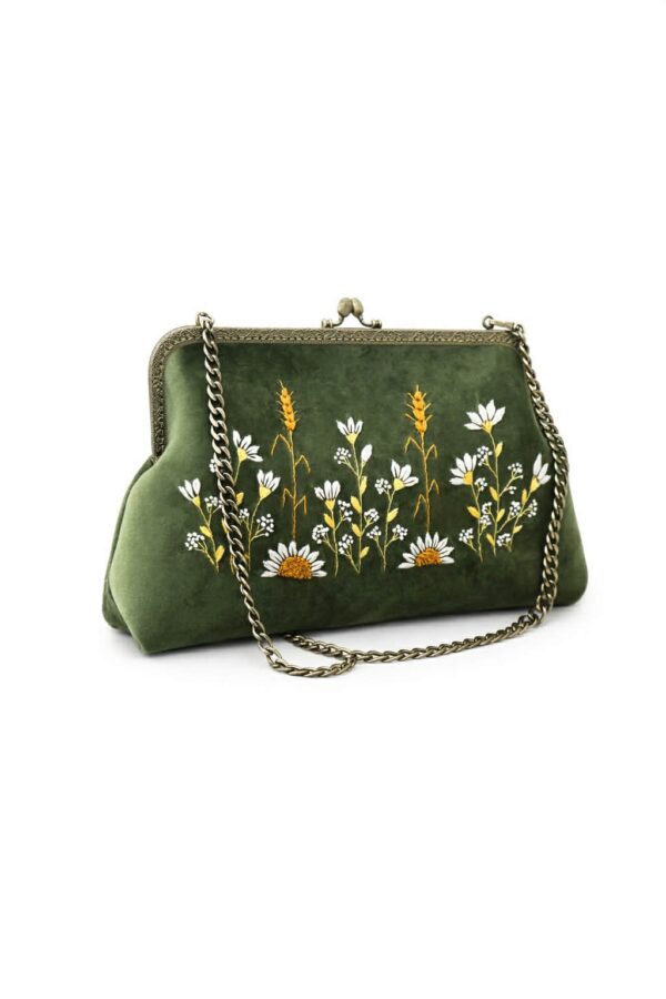 Handmade Unique Embroidered Green Clutch Bag – Vintage Style Floral Handbag with Chain Strap