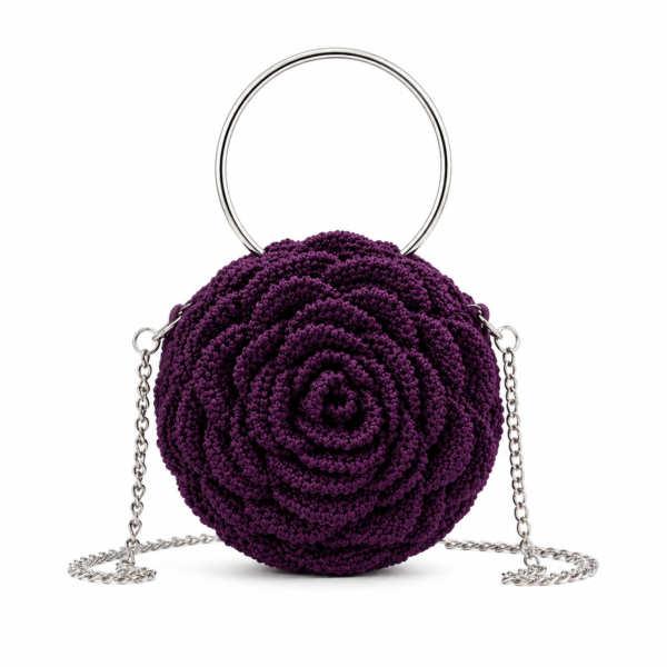 Handmade Crochet Rose Handbag – Elegant Floral Purse with Metal Handle & Chain Strap