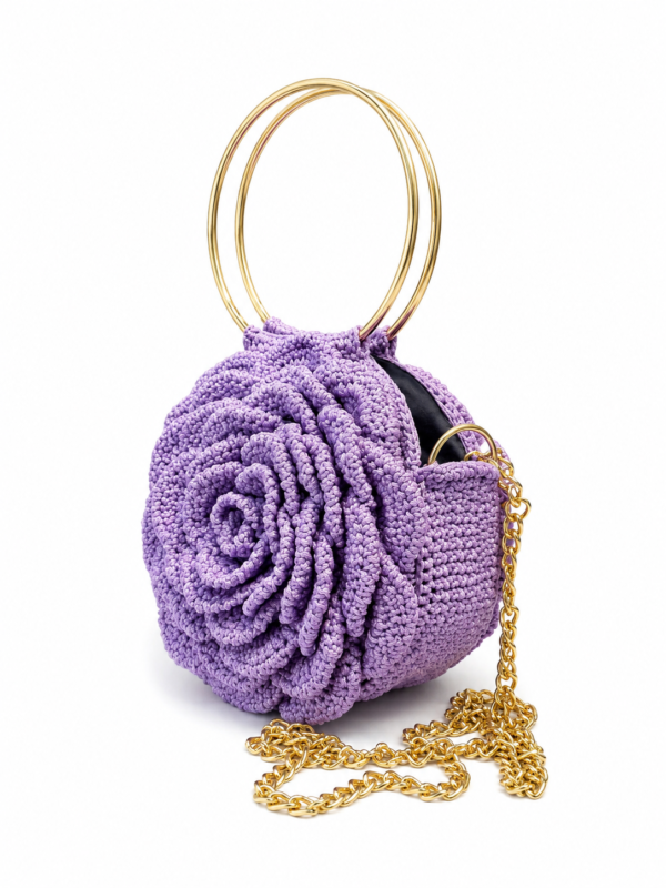Handmade Crochet Rose Bag with Gold Ring Handles – Elegant Floral Handbag