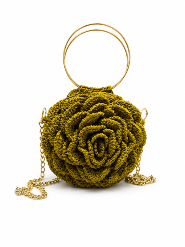 Luxury Handmade Crochet Rose Bag – Exclusive Olive Green Floral Handbag with Gold Handle