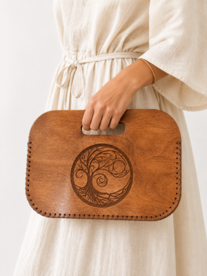 4438716d-3737-4df7-b55d-8d876eaa3f55 Handcrafted Wooden Clutch Bag with Tree of Life Design and Leather Sides