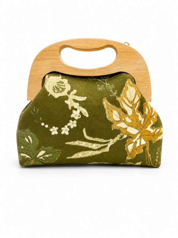 Handmade Sustainable Suede Handbag with Wooden Handle | Elegant Floral Evening Bag | Eco-Friendly Crossbody Purse