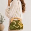 Handmade Sustainable Suede Handbag with Wooden Handle | Elegant Floral Evening Bag | Eco-Friendly Crossbody Purse