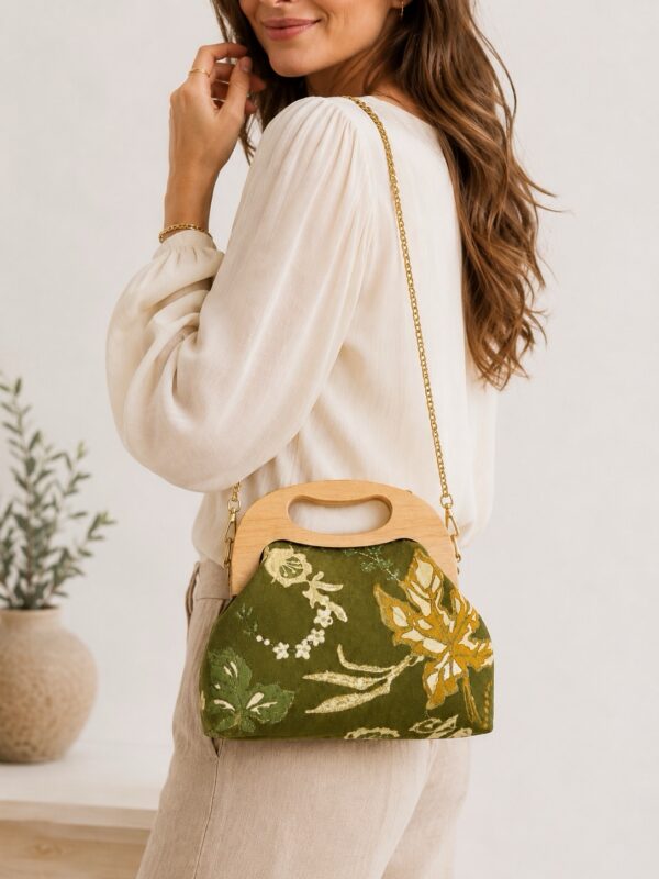 Handmade Sustainable Suede Handbag with Wooden Handle | Elegant Floral Evening Bag | Eco-Friendly Crossbody Purse