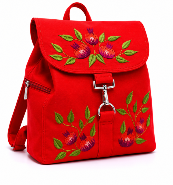 Luxury Red Embroidered Backpack – Handmade Floral Pomegranate Canvas Backpack for Women