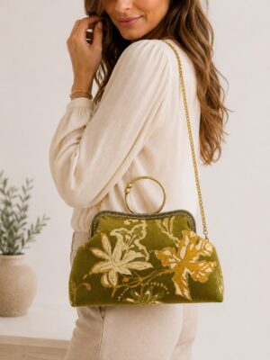 b005259f-b5b6-4e06-9c3e-d496c550b2f1 Handmade Sustainable Suede Handbag with Round Metal Handle | Floral Vintage Evening Bag | Artisan Designer Purse