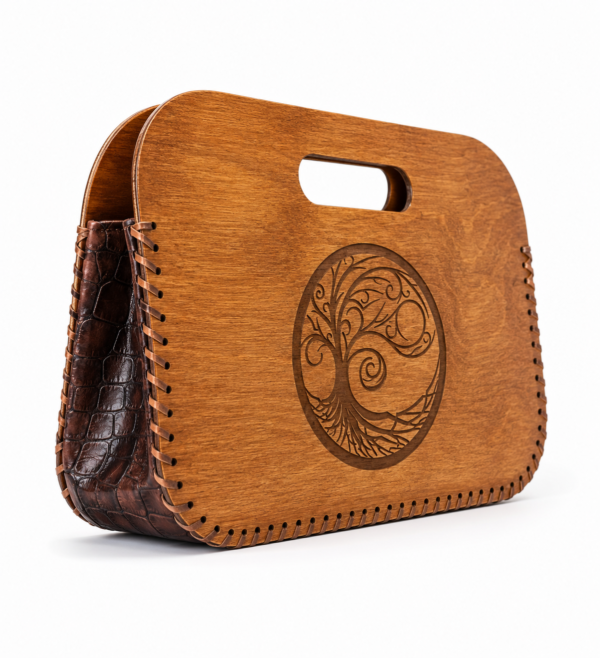 b88c280e-ed91-46e4-97a8-bf6f5f3fee49 Handcrafted Wooden Clutch Bag with Tree of Life Design and Leather Sides