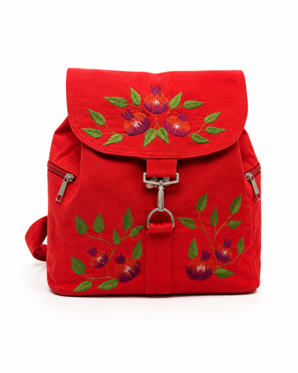 Luxury Red Embroidered Backpack – Handmade Floral Pomegranate Canvas Backpack for Women