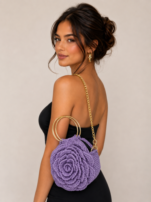 Handmade Crochet Rose Bag with Gold Ring Handles – Elegant Floral Handbag
