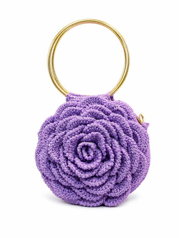 Handmade Crochet Rose Bag with Gold Ring Handles – Elegant Floral Handbag