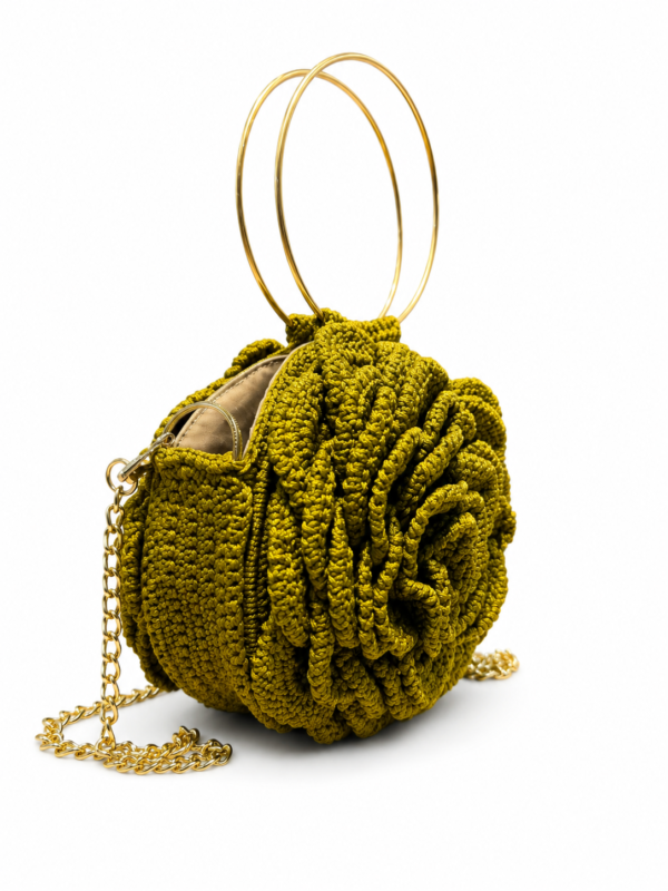 Luxury Handmade Crochet Rose Bag – Exclusive Olive Green Floral Handbag with Gold Handle