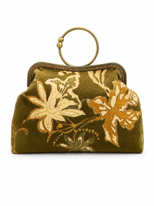 f29f09a1-c9cb-457c-8c93-0ebb07eadef3 Handmade Sustainable Suede Handbag with Round Metal Handle | Floral Vintage Evening Bag | Artisan Designer Purse