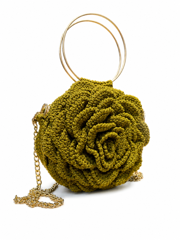 Luxury Handmade Crochet Rose Bag – Exclusive Olive Green Floral Handbag with Gold Handle
