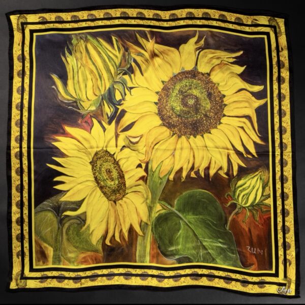 screenshot-9 Sunflower Mulberry Silk Scarf – Handmade Luxury Art Scarf for Women – Unique Wearable Art Gift – Designer Floral Silk Shawl