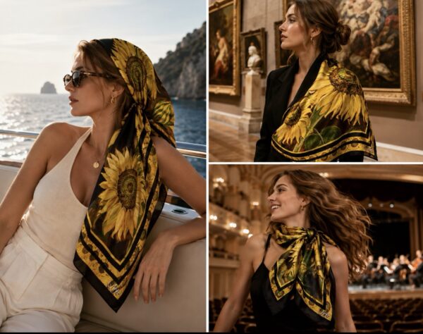 screenshot-10 Sunflower Mulberry Silk Scarf – Handmade Luxury Art Scarf for Women – Unique Wearable Art Gift – Designer Floral Silk Shawl