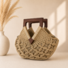 Handgemaakte Macramé Handtas met Walnotenhouten Handgrepen | Bohemian Dames Tas van Katoen | Beige Handgemaakte Macramé Handtas met Walnotenhouten Handgrepen | Boho Tas Beige