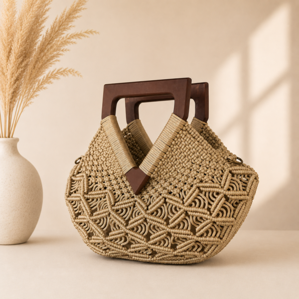 Handgemaakte Macramé Handtas met Walnotenhouten Handgrepen | Bohemian Dames Tas van Katoen | Beige Handgemaakte Macramé Handtas met Walnotenhouten Handgrepen | Boho Tas Beige
