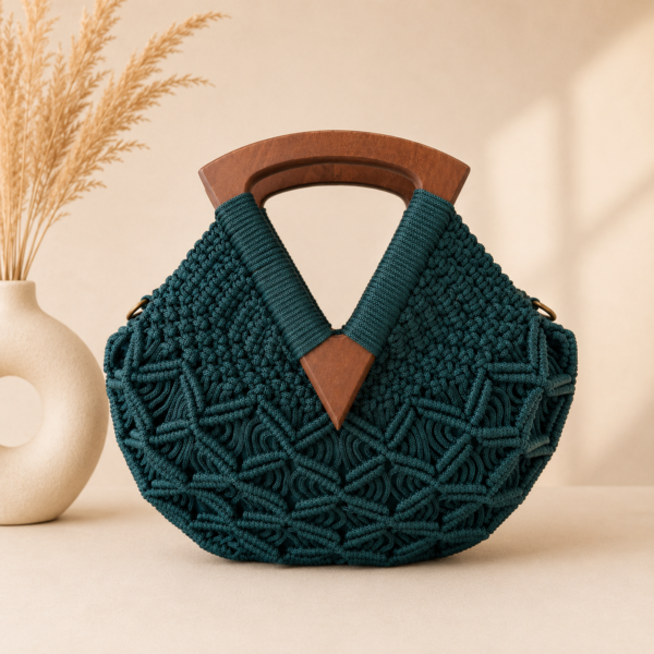690a1bf2-218b-4163-835c-e3c302a36868 Donkergroene Handgemaakte Macramé Handtas met Walnoten Houten Sluiting – Exclusieve Schoudertas | Nina’s Exclusief Bags Amsterdam
