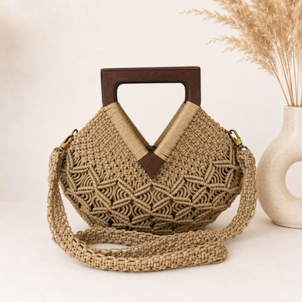 Handgemaakte Macramé Handtas met Walnotenhouten Handgrepen | Bohemian Dames Tas van Katoen | Beige Handgemaakte Macramé Handtas met Walnotenhouten Handgrepen | Boho Tas Beige