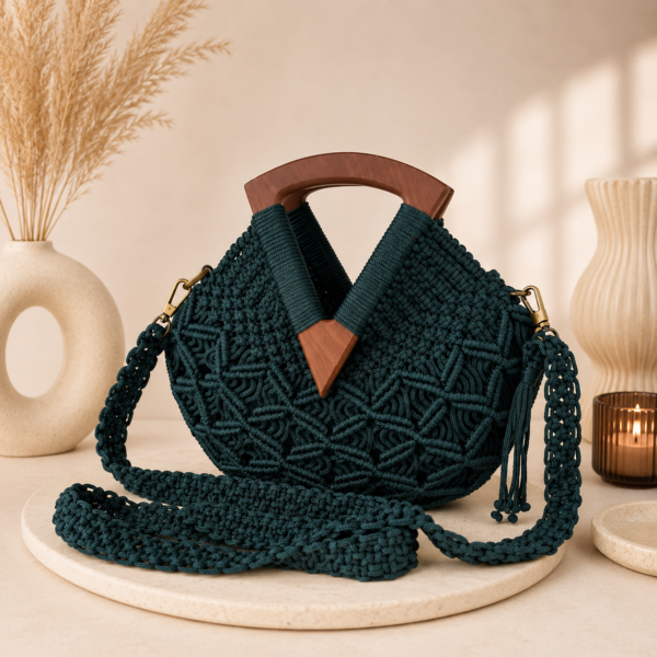 c7f77ed1-f56b-434d-8d1b-edf29ef904d8 Donkergroene Handgemaakte Macramé Handtas met Walnoten Houten Sluiting – Exclusieve Schoudertas | Nina’s Exclusief Bags Amsterdam