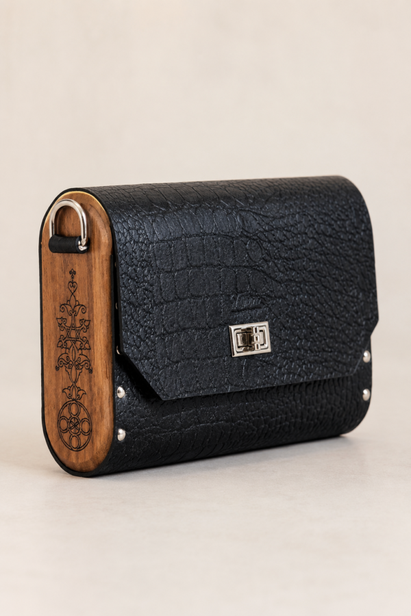 Luxury Handmade Genuine Leather Crossbody Bag with Walnut Wood Panels – Armenian Ornament Engraving – Artisan Shoulder Bag – Exclusive Designer Purse