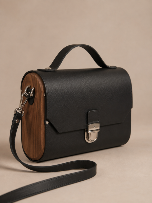 Exclusive Handmade Black Leather Bag with Walnut Wood Closure – Luxury Artisan Handbag – Genuine Leather – Unique Designer Bag – Made in Amsterdam