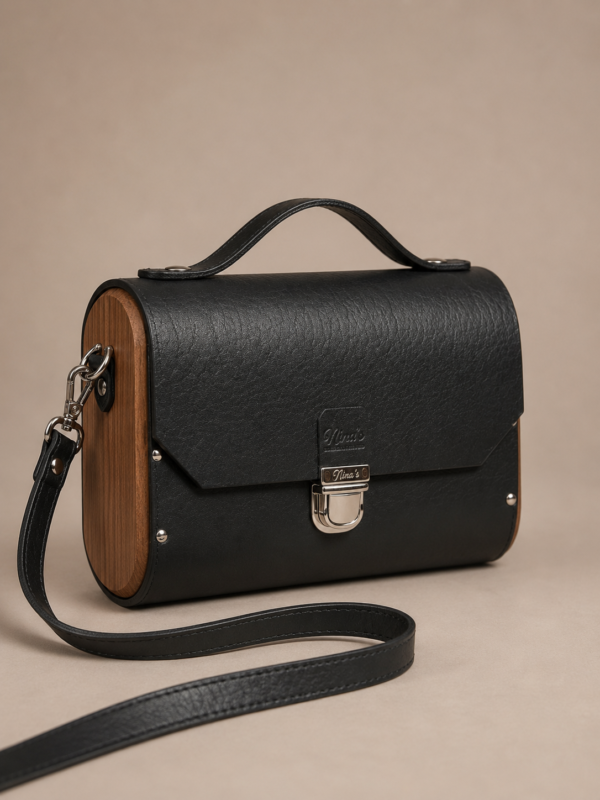 Exclusive Handmade Black Leather Bag with Walnut Wood Closure – Luxury Artisan Handbag – Genuine Leather – Unique Designer Bag – Made in Amsterdam