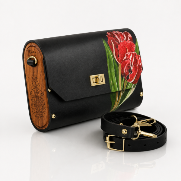6ec4933e-85ec-4c24-b8dc-d7fa5cfe97d0 Handmade Leren Tulpen Tas met Walnotenhout – Handgeschilderde Luxe Limited Edition Handtas