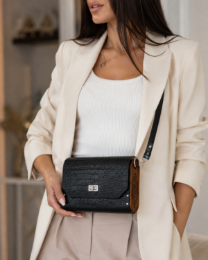 Luxury Handmade Genuine Leather Crossbody Bag with Walnut Wood Panels – Armenian Ornament Engraving – Artisan Shoulder Bag – Exclusive Designer Purse